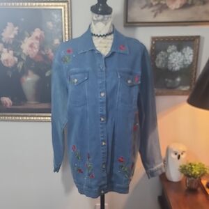 Quacker Factory Blue Denim Jacket with Red Rose Embroidery